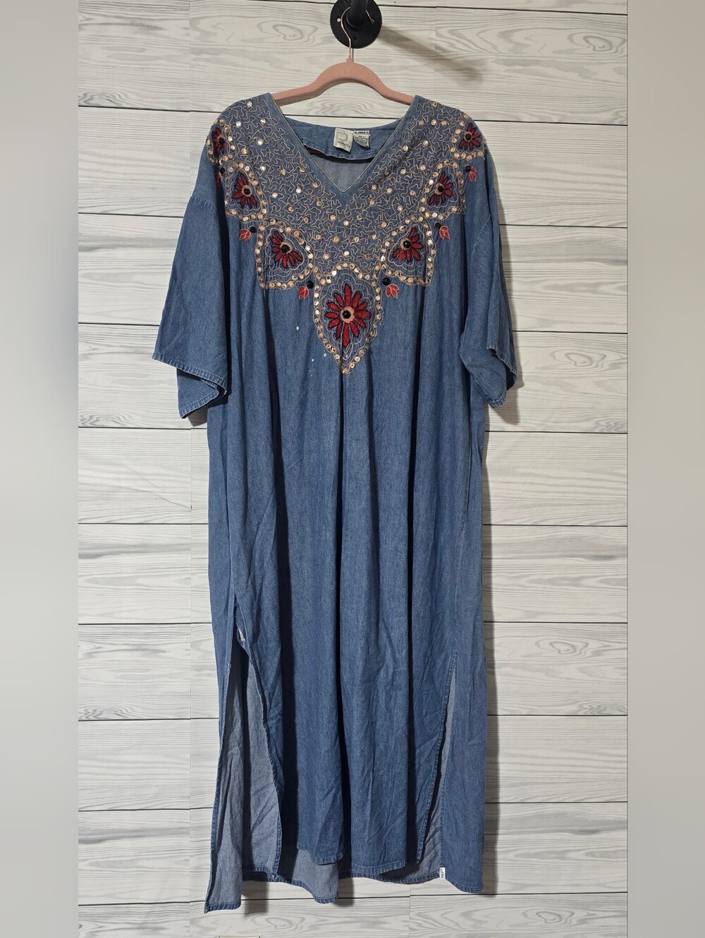 Roamans Vintage 90s Beaded Embroidered Denim Jean Maxi Dress Large Maximalist